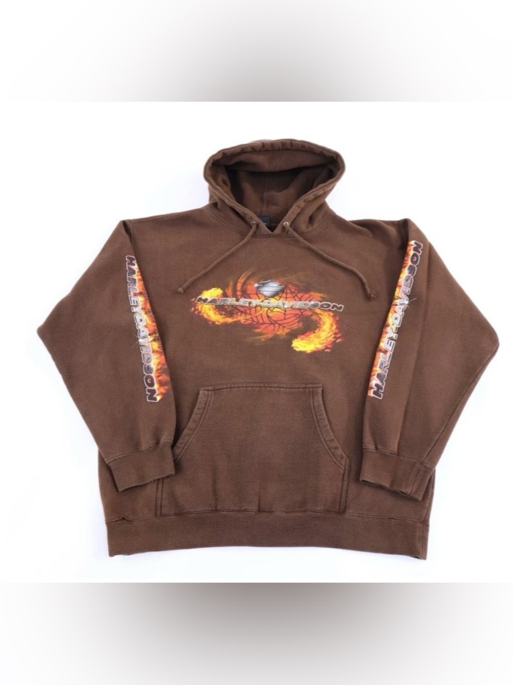 Vintage Harley-Davidson Washington Flames Brown Graphic Hoodie Y2K Biker 2XL
